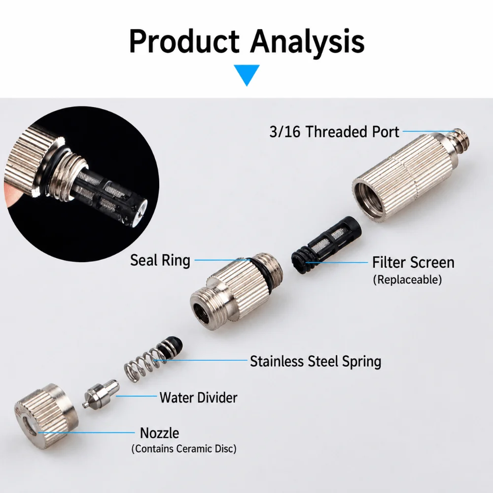 Durable 3/16 Inch Misting Nozzle 0.1mm~0.5mm Brass Fog Spray Head High Pressure Nozzle
