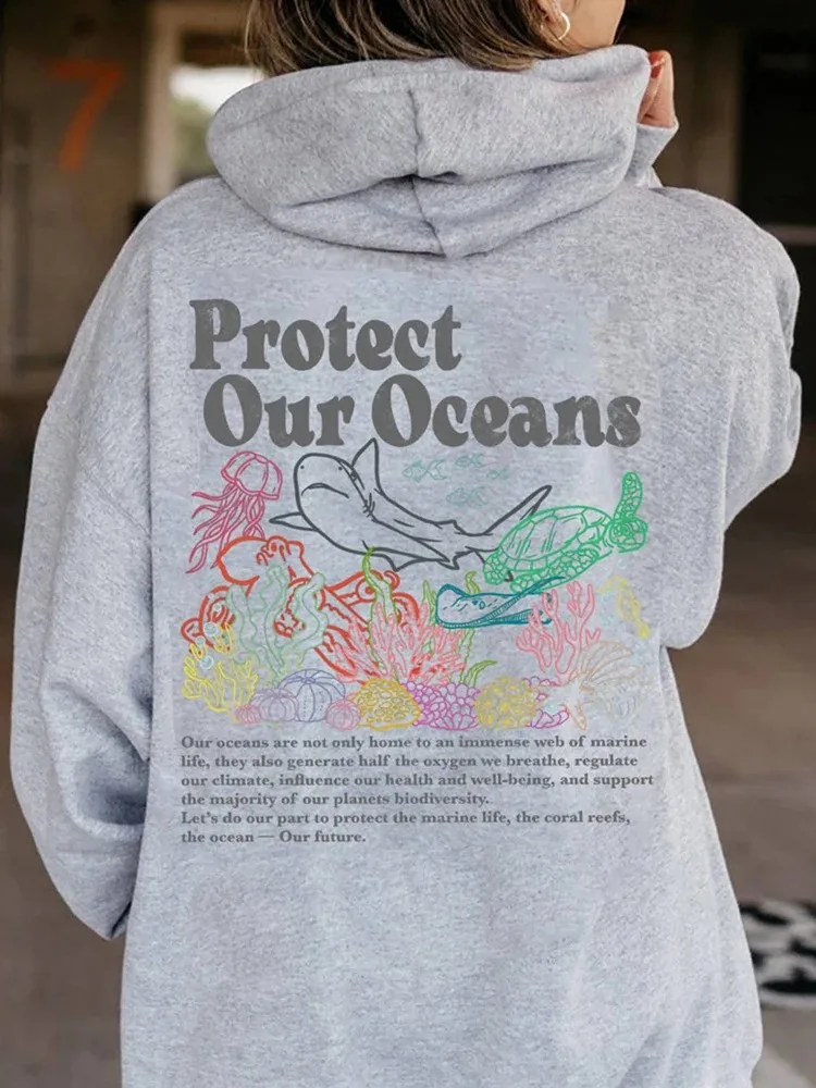 Autumn Winter Protect Our Oceans Respect The Local Print Women Hoodie Long Sleeves Trend Pocket Casual Female Cotton Top Clothes