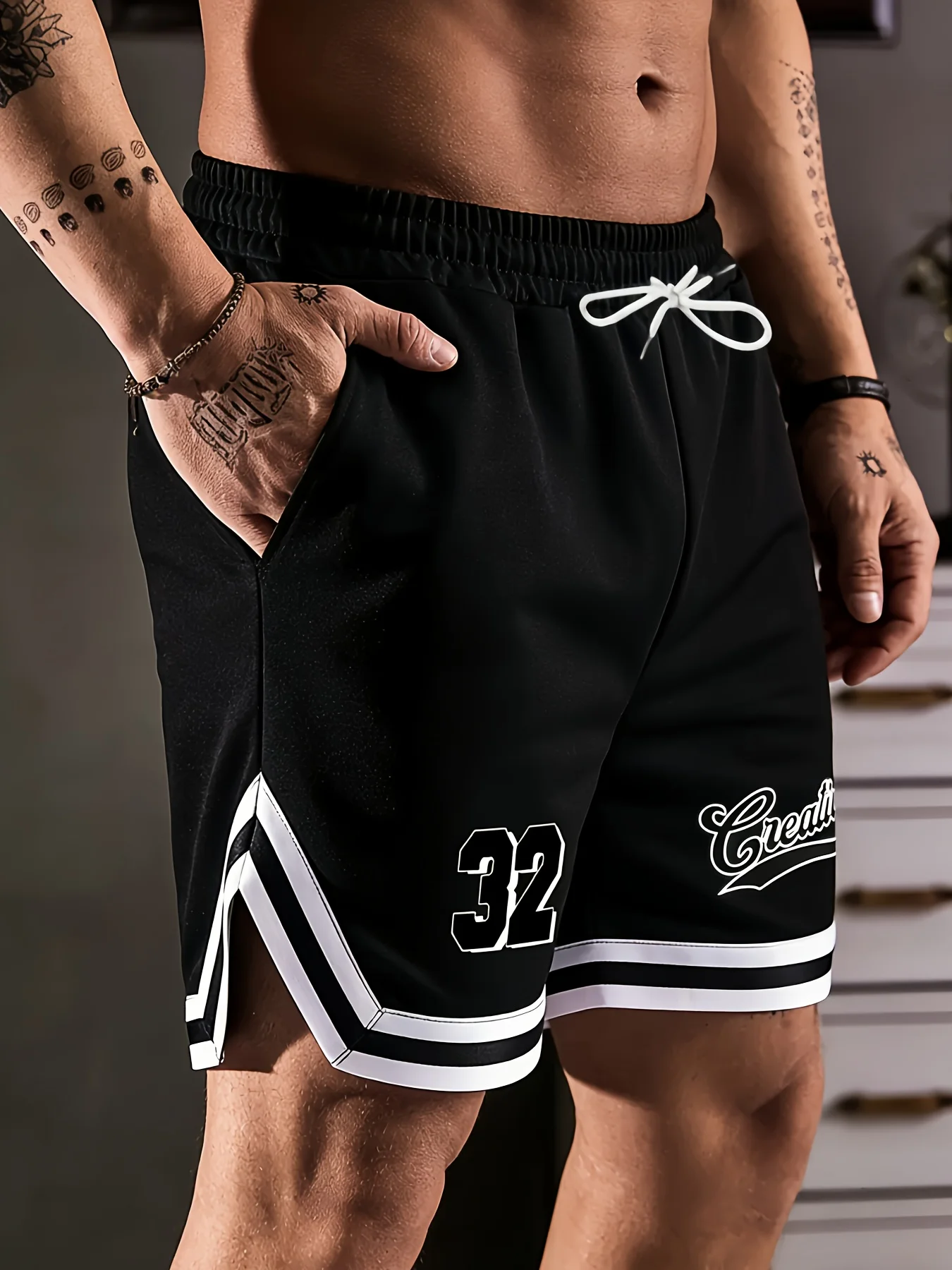 Men's Black Basketball Shorts 32 Print Loose Fit Casual Elastic Waist Sports Shorts