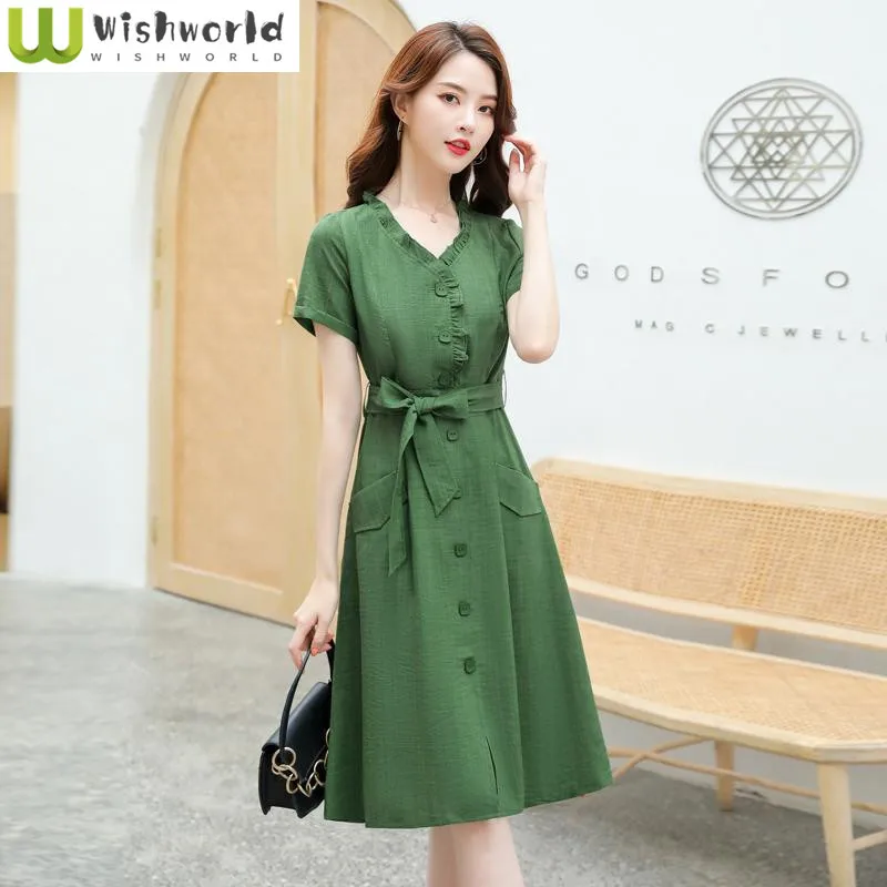 

Korean Style Retro Ruffled Bow Belt Cheap Dresses with Free Shipping Formal Occasion Women Dresses for 2023 Summer Vestido Robe