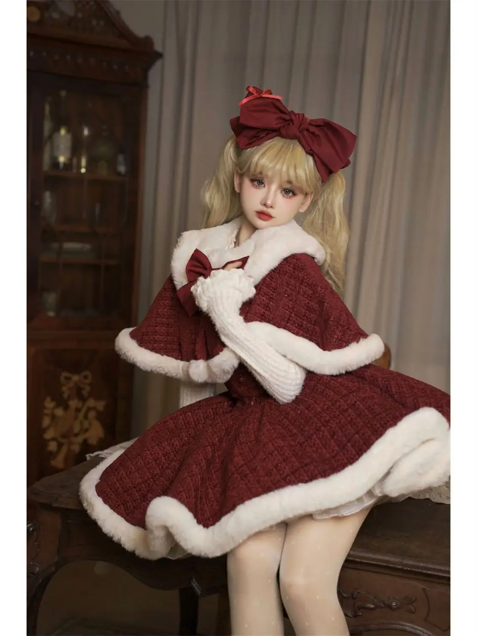 Зимние рождественские комплекты из трех предметов в стиле Лолиты, женский плащ с бантом + элегантный теплый свитер + шикарное платье, женская одежда в корейском стиле