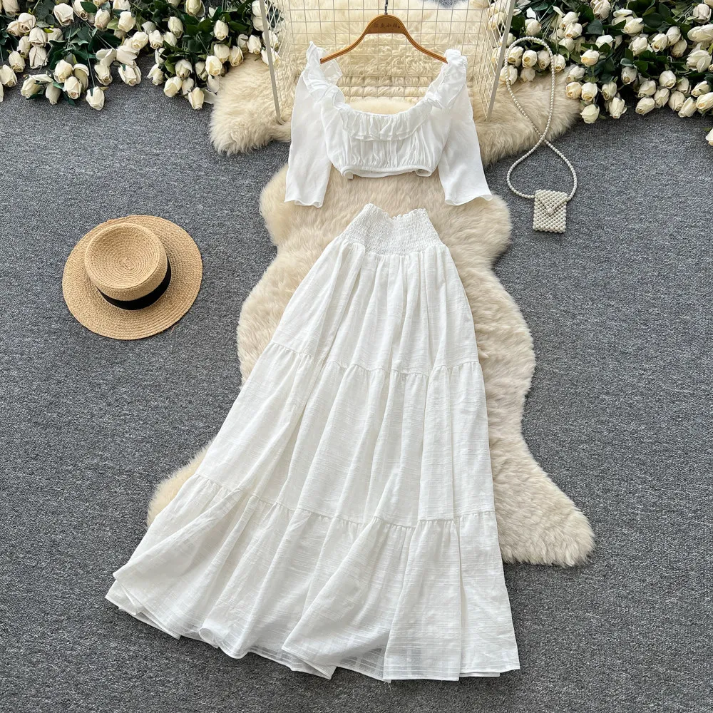 

Two Piece Sets Skirt Set Women Square Collar Puff Sleeve Tops Long Skirts A Line High Waist Y2k Streetwear Elegant Work Beach