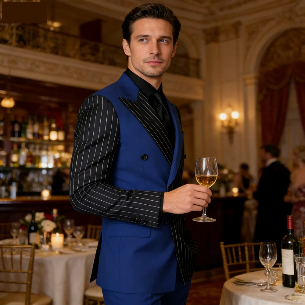 

Мужской приталенный костюм-двойка (смокинг) для свадьбы и торжеств: пиджак с острыми лацканами и двубортной застежкой, брюки для танцев и выпускных вечеров