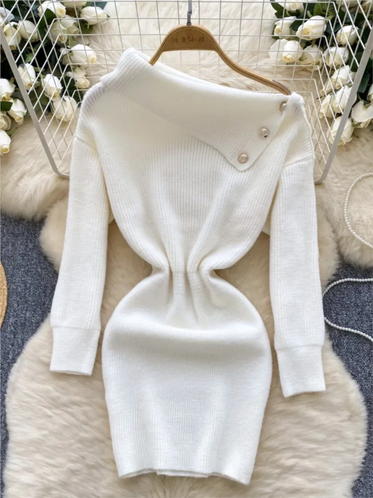 Y2k White Knitted Dresses for Women Fashion Sexy Long Sleeve Sweater Dress Autumn Korean Elegant Bodycon A Line Mini Vestidos