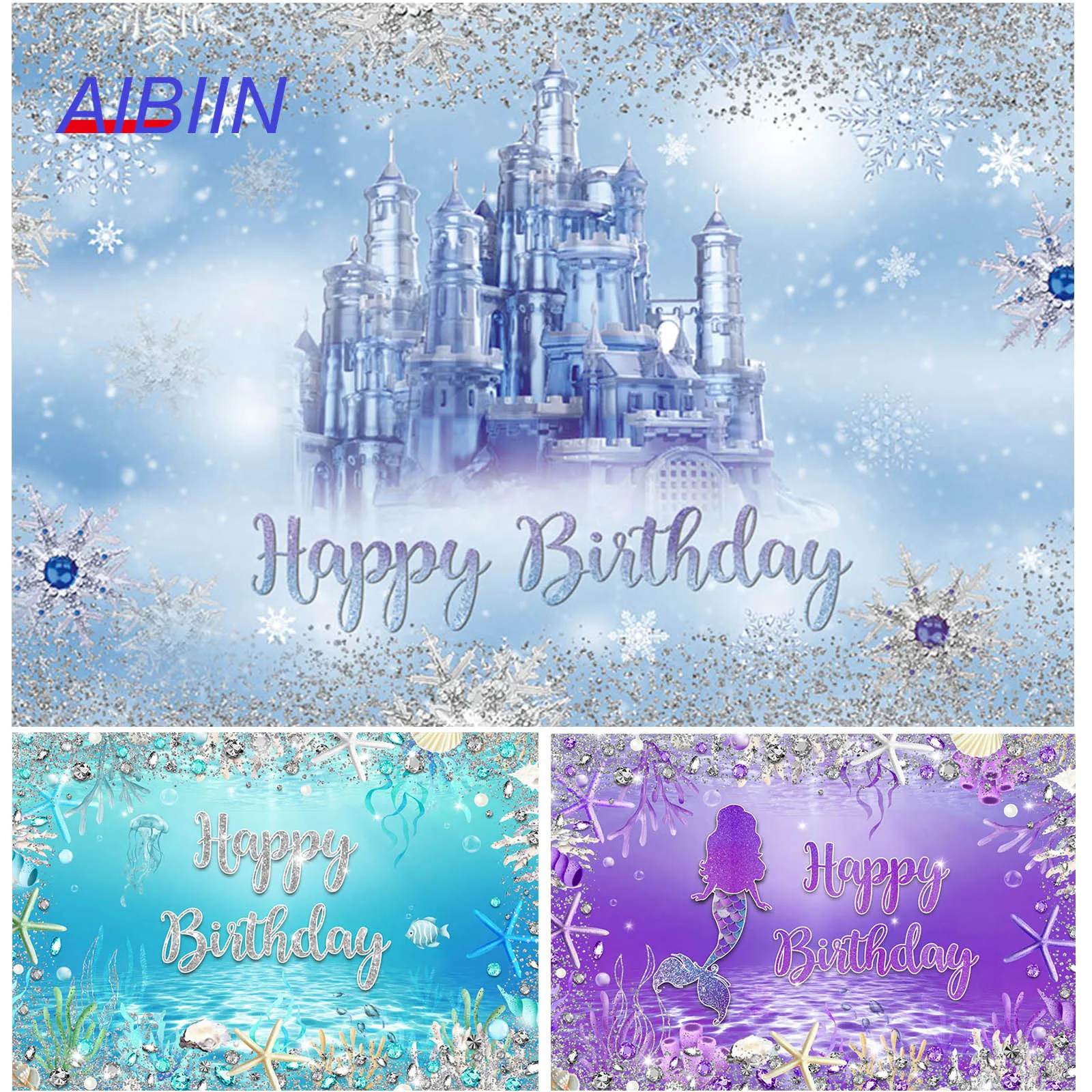 

Happy Birthday Backdrop Winter Castle Snowflake Undersea Mermaid Photography Background Girl Cake Portrait Photozone Party Decor