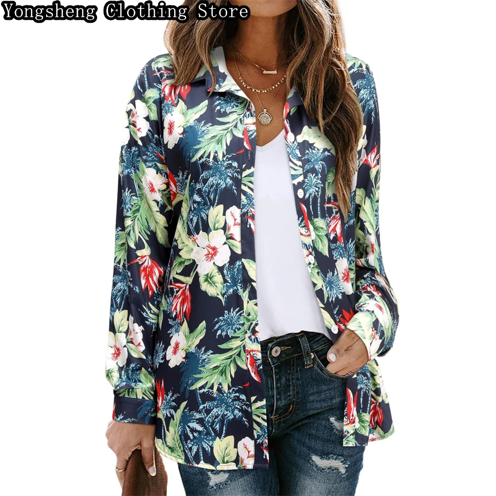 Women\'s long-sleeved ice silk printed shirt European new hot selling Hawaiian vacation slim casual clothing