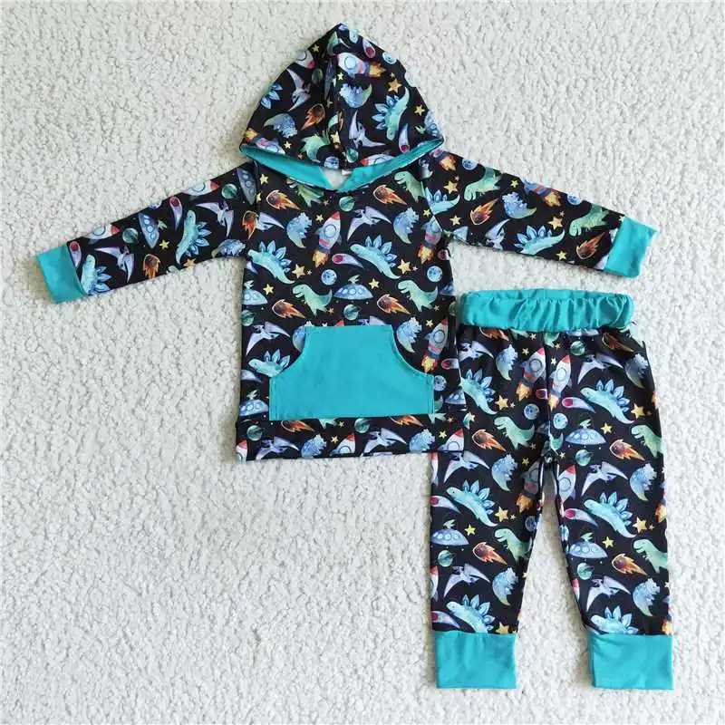 

Wholesale Boys Autumn And Winter Hooded Long Sleeve Pants Pocket Suit Pattern Printing Bright Colors