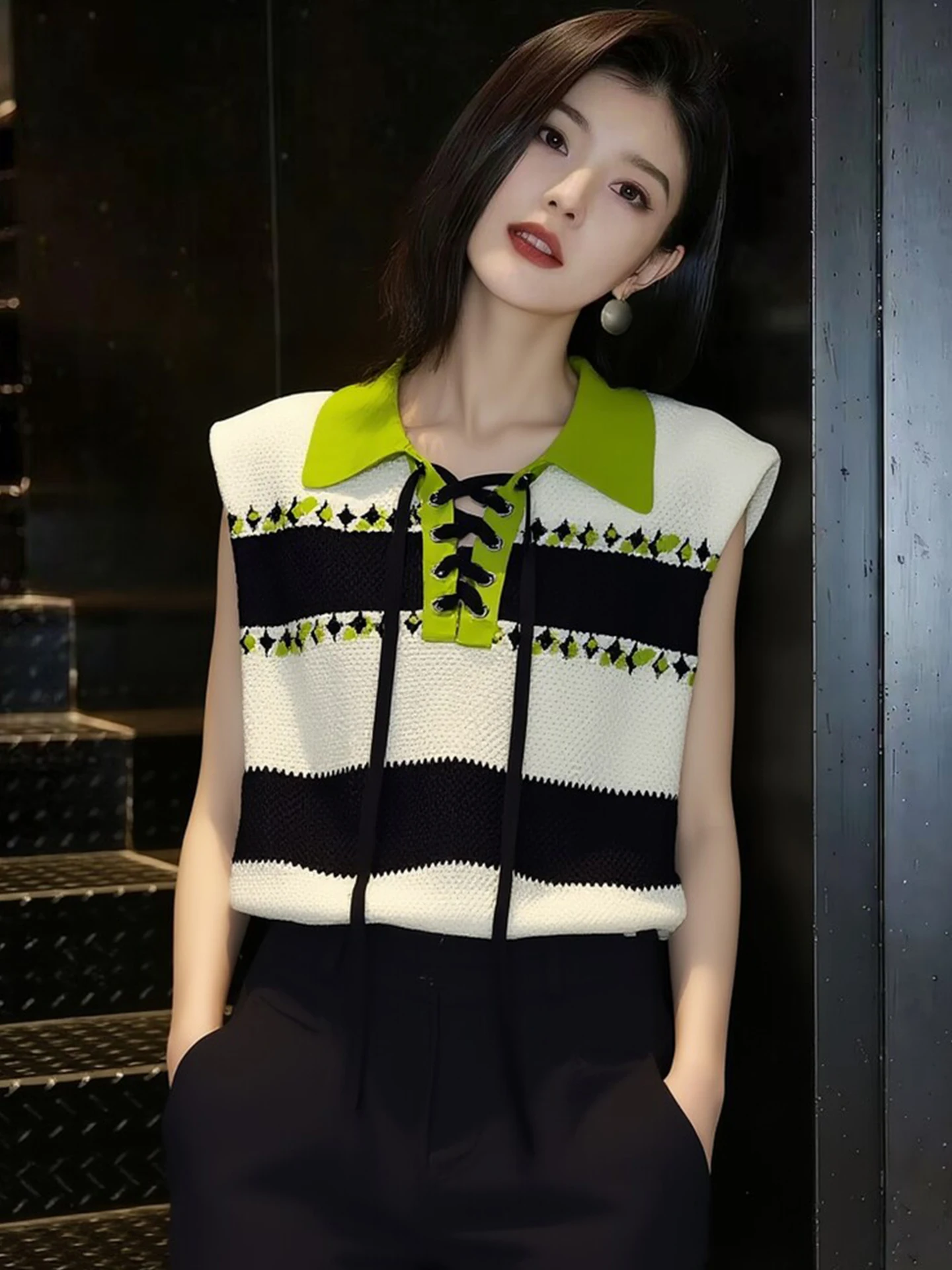 

Color Blo Design Knitted Vest Belted Loose Fit Svel Women's Top Spring New Sle Versatile Lazy Sle Korean Commute ...