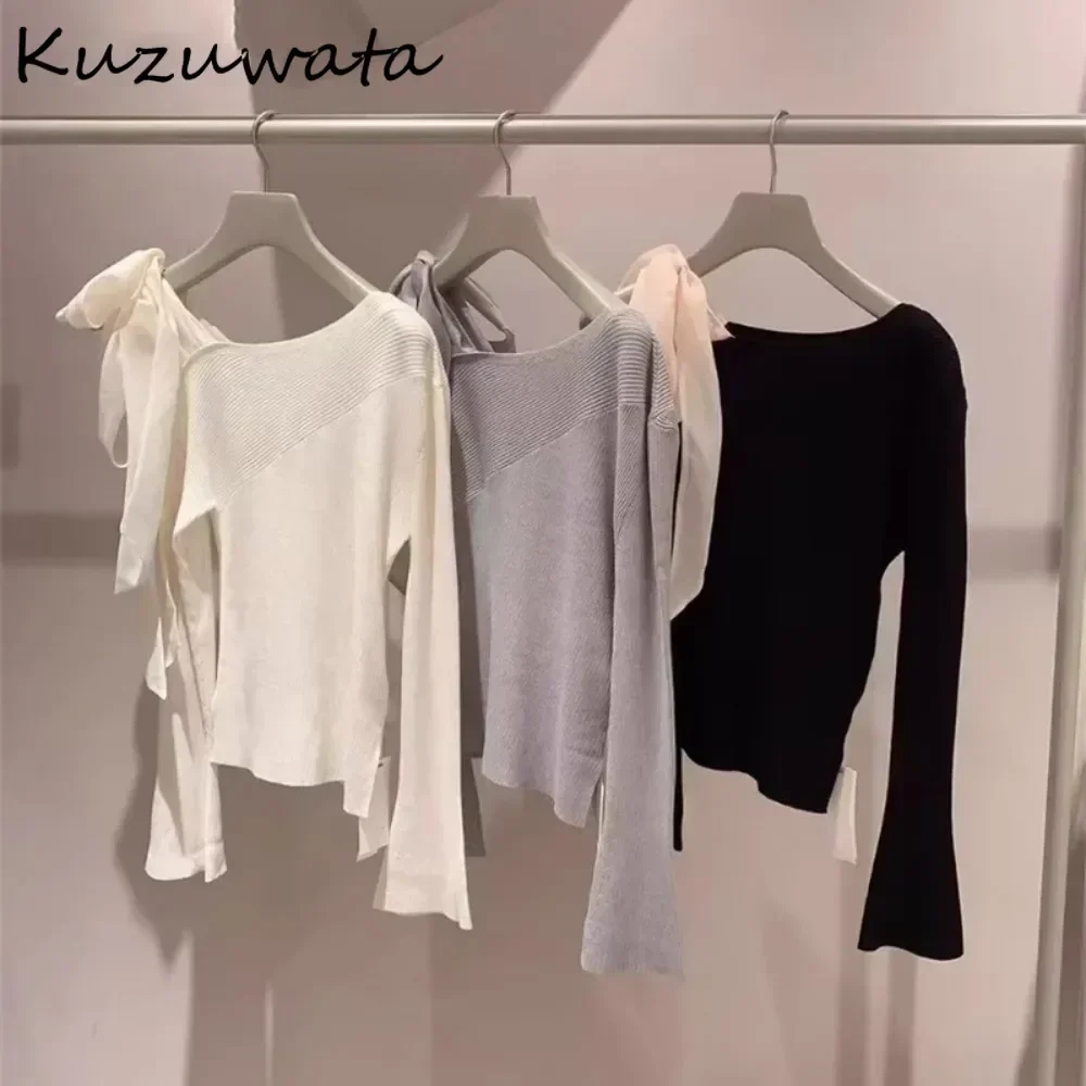 Kuzuwata Autumn Literary Skew Collar Flare Sleeve Knitted Bow Sweet Off Shoulder All-match Jumper Japan New Pullover Lace Up Top