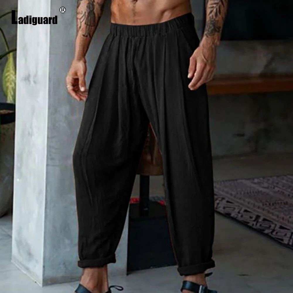 

Men's Stand Pocket Casual Wide Leg Pants Solid White Cotton Linen Trousers Plus Size 5xl Mens Elastic Wiast Loose Beach Pants