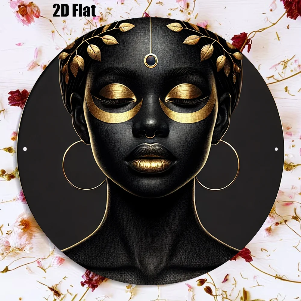 CIFBUY Retro Vintage African Goddess Woman Gold Makeup Round Tin Metal Sign Plaque Aluminum Wall Art Waterproof Durable Decor Fo