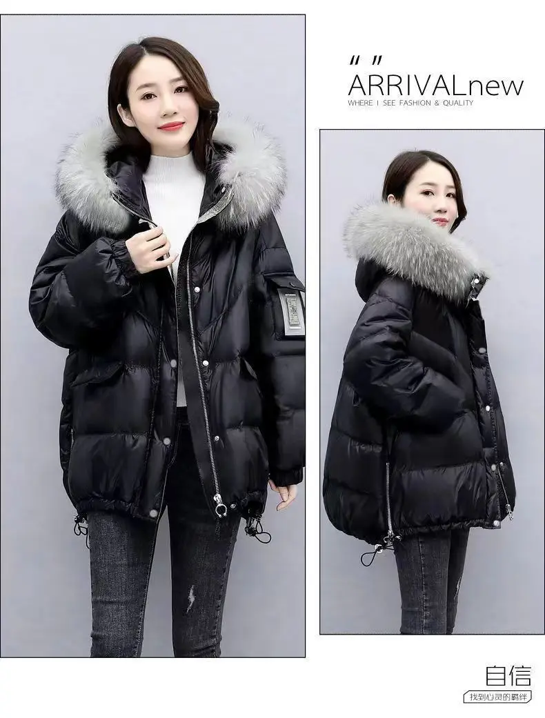 2026 Winter New Warm Down Cotton Jacket With Large Fur Collar Hooded Coat Loose Women Thicken Parker Puffer Overcoat Casual Wear
