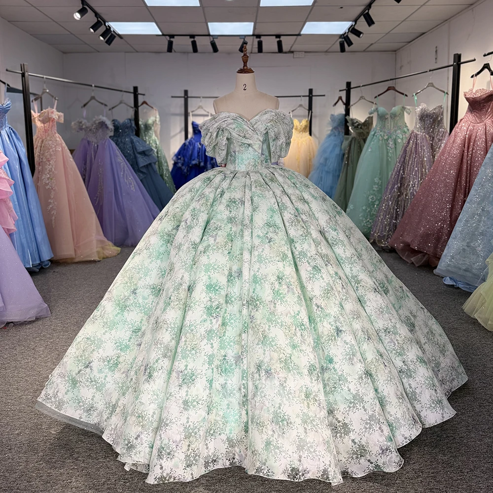 Quinceañera Dress Mint Green Floral Jacquard Brocade Off Shoulder Princess Ball Gown Vestido de Quinceañera