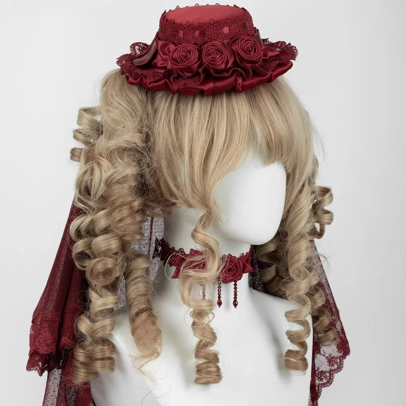Handmade Lolita Flower Ball Veil Lace Hairpin, Red Hairband and Flat Cap Headdress, Hair Accessory for Adult Cosplay Party