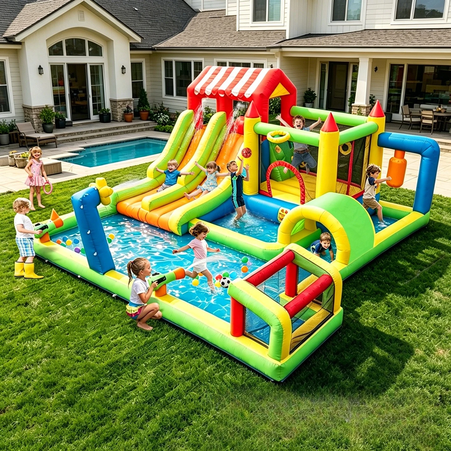 Multifunctional Inflatable Castle Bounce House With Water Slide For Indoor Outdoor Use Kids Playground Fun Toys With blower