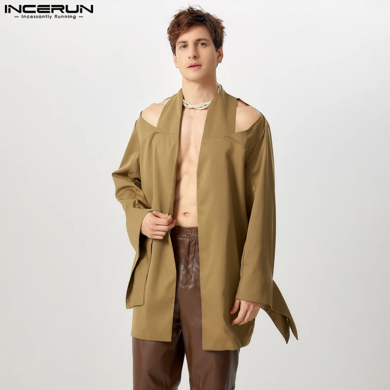 Sexy Fashion Style Tops INCERUN Handsome Men's Hollowed Design Suit Coat Casual Streetwear Male Long-style Solid Sleeved Blazer