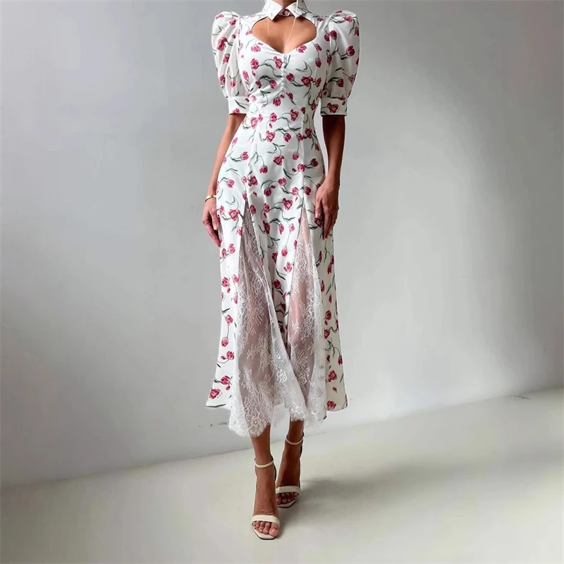 

Elegant High Waist Flower Print Long Dress Sexy Hollow Out Lace Dresses For Women Summer Puff Sleeve Holiday Dress 2025