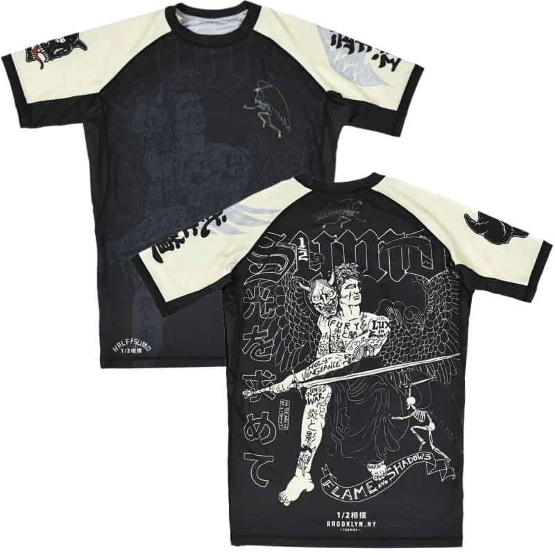 2026New Unisex MMA Training Short-Sleeve Compression Shirt  Black  White Line Art Samurai Wing Illustration Bushido Gothic Style