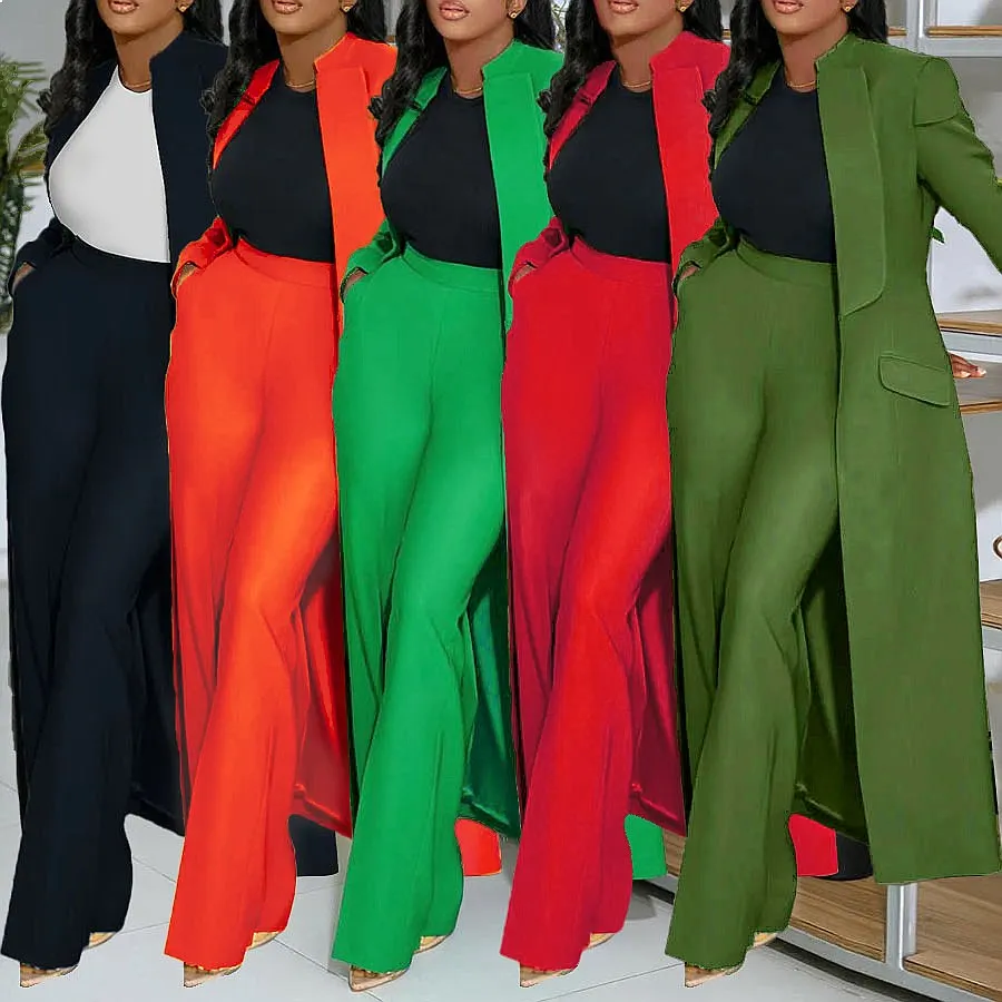 Pure Color Notch Lapel Long Blazer Matching Set Two Piece Suit Sets