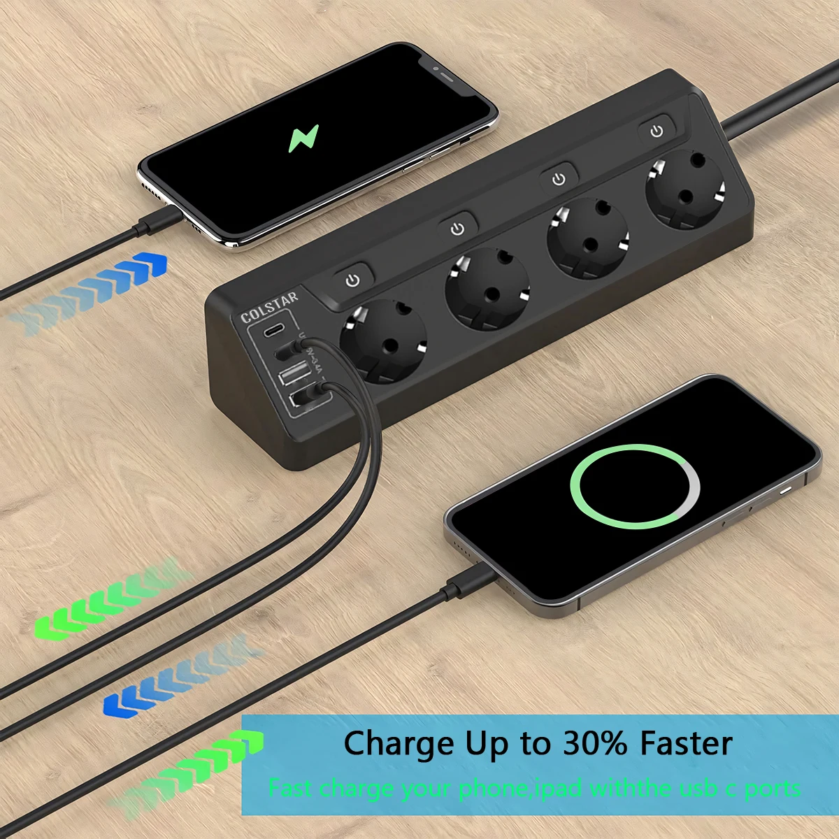 EU Power Strip Multi Electric Socket Network Filter 4 Outlets 4USB Ports Fast Charging 6.5FT Extension Cable Independent Switch