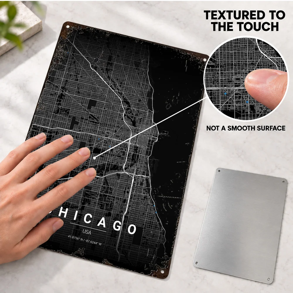Minimalist Chicago City Street Map Textured Metal Poster Linework Wall Art For Study Customized Aluminum Sign New Resident Gift