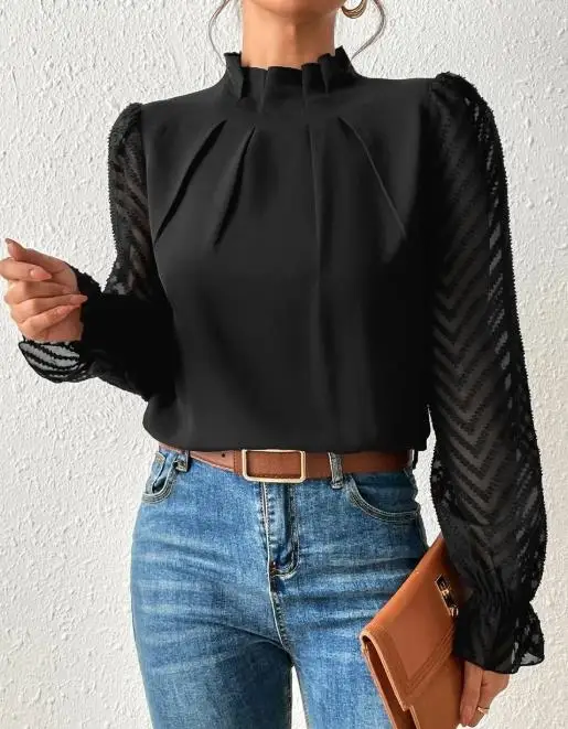 

2026 Autumn/winter Elegant Sexy New Half High Collar Splicing Wave Pattern Chiffon Long Sleeve Top for Women