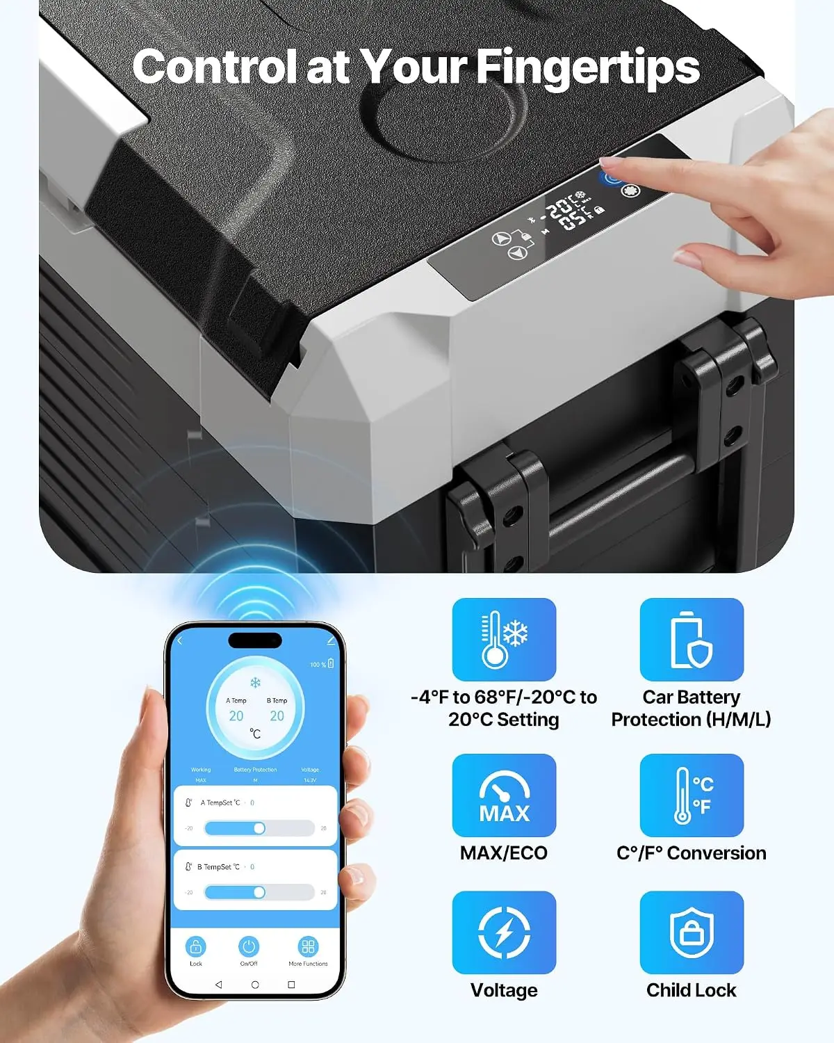 Car Refrigerator, DC 12/24V AC100-240V Compressor Electric Cooler, -4°F to 68°F Truck Refrigerator with APP Control, Wheels & Du