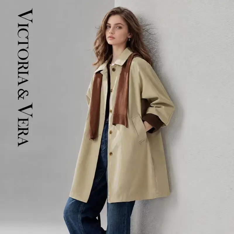 Women Relaxed Mid‑Length Trench Coat, Classic Point Collar Raglan Sleeve Jacket With Contrast Cuffs, Quiet Luxury Smart Casual T