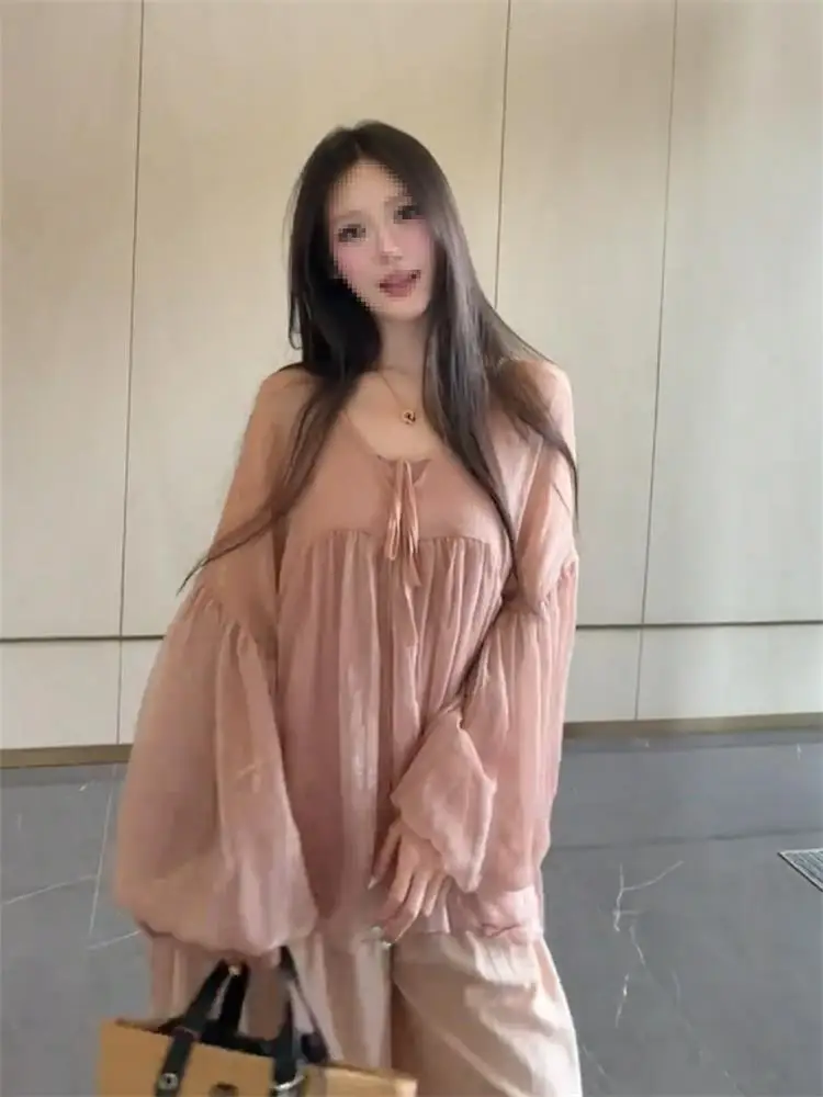 Unique Elegant Pink V-neck Belted Halter Top Bottoms Set Women's Summer Sun Protection Shirt Korean Style Loose Fit Long Sleeve