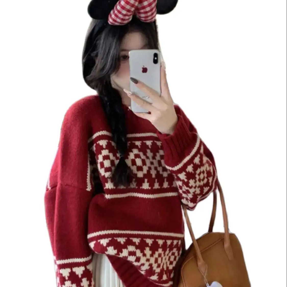 Knitted Red Sweater Women'S Autumn Winter New Christmas Loose Lazy Style Soft Waxy Pullover High-End Contrast Top