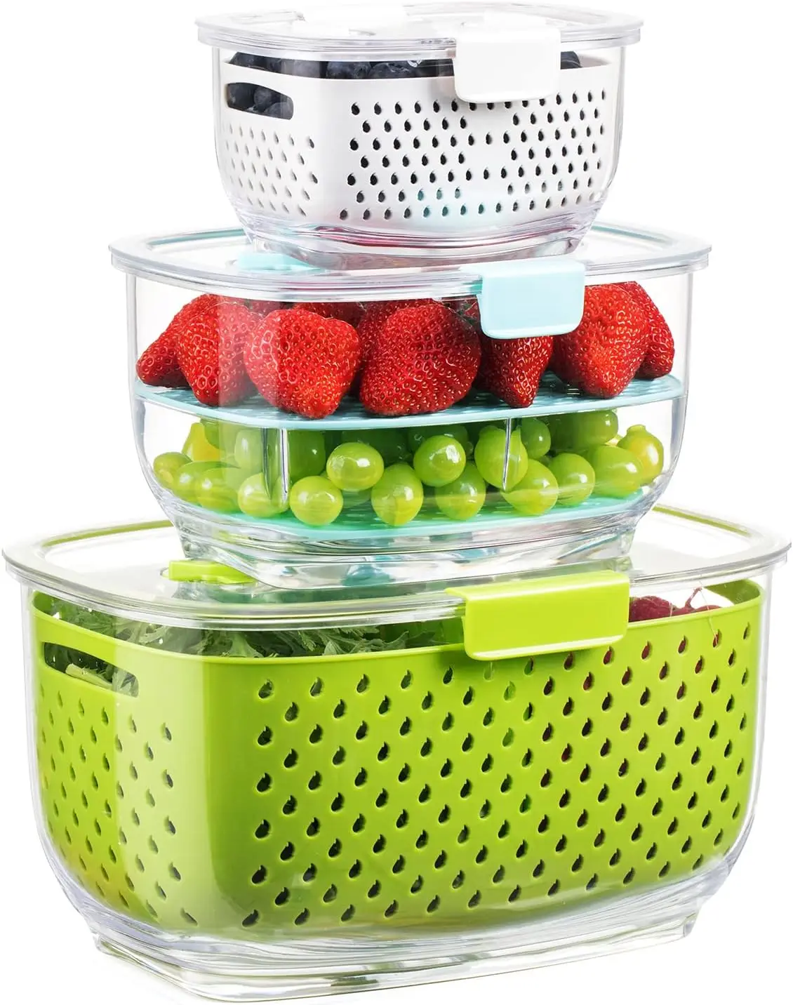 

Fresh Produce Vegetable Fruit Storage Containers 3Piece Set, BPA-free Fridge Storage Container, Partitioned Salad Container, Fr