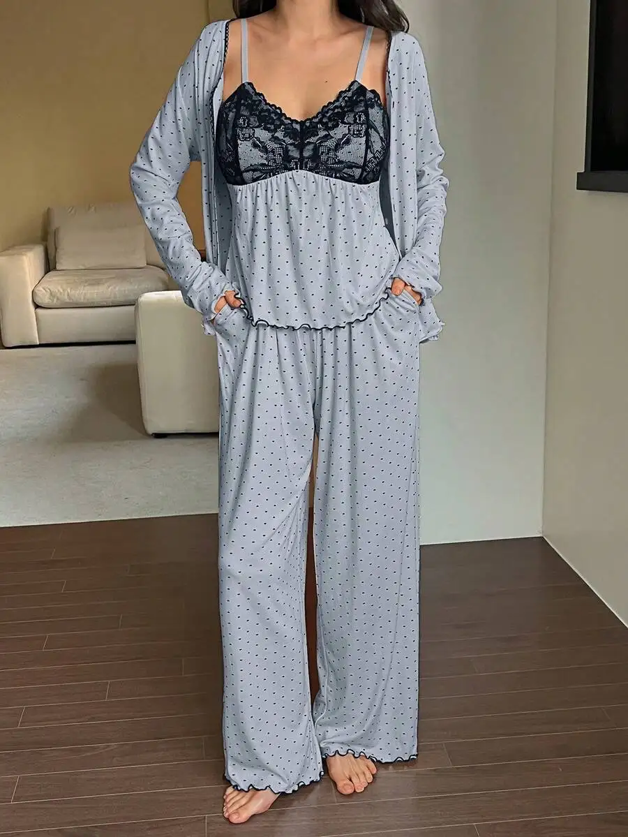 

Women 3 Piece Polka Dot Pajama Set With Lace Camisole And Long Sleeve Cardigan