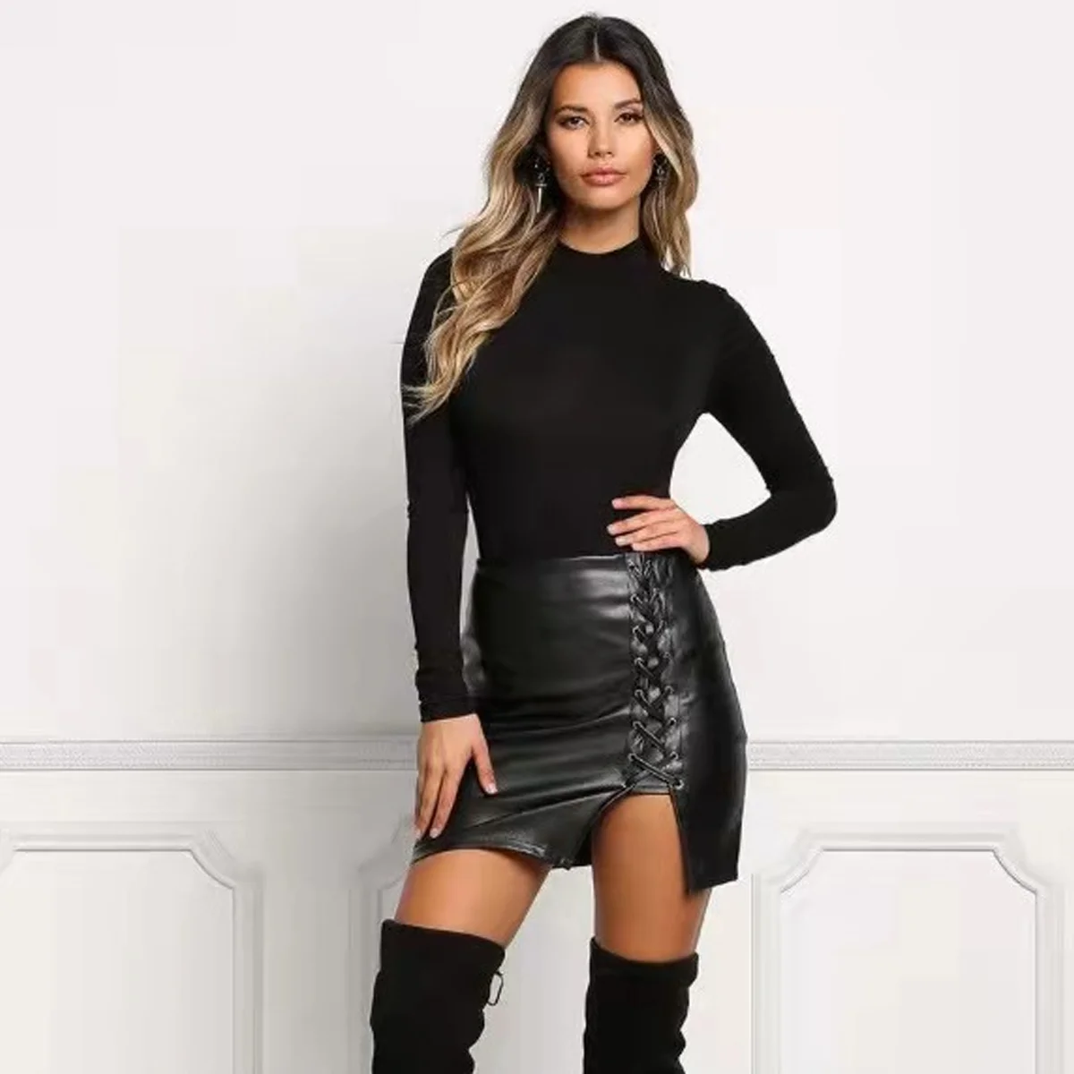 

Above Knee Split Mini Skirt Black Faux Leather High Waist Short Skirt