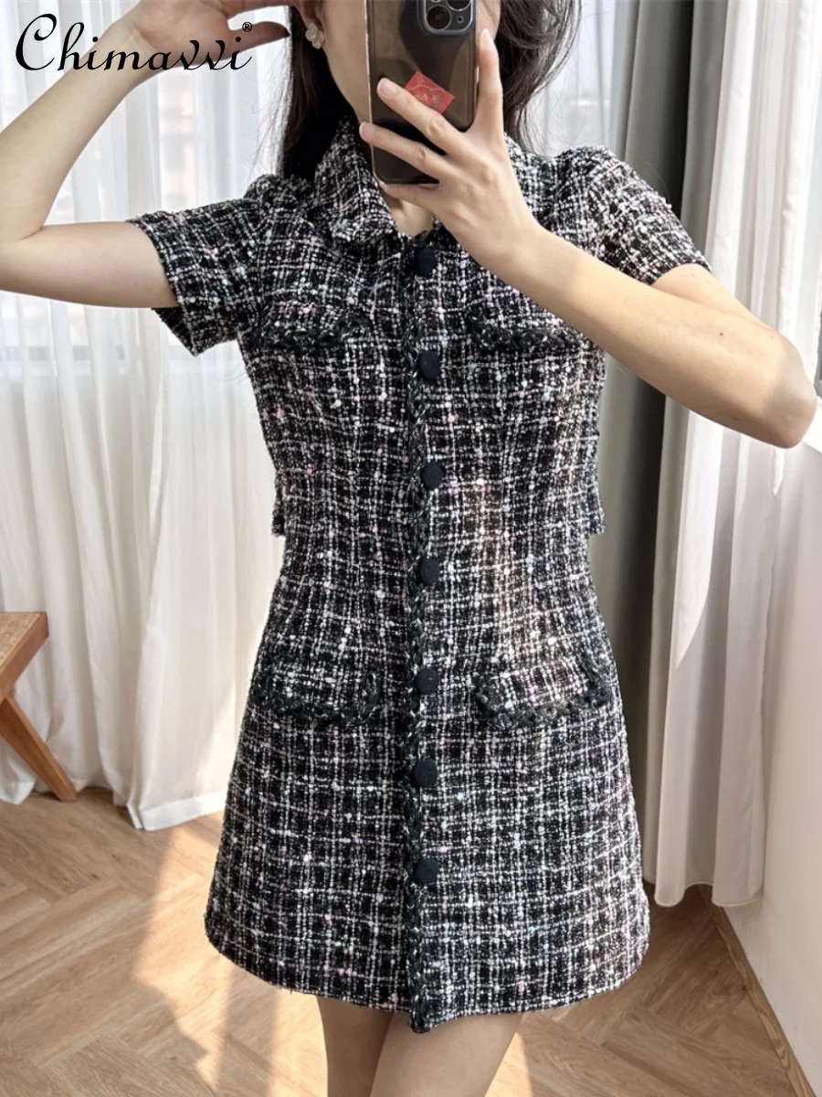 

2024 Spring Summer New Fashion Plaid Midriff Outfit Lapel Short Sleeve Dress Women's High-End OL Slim-Fit Short Elegant Dresses