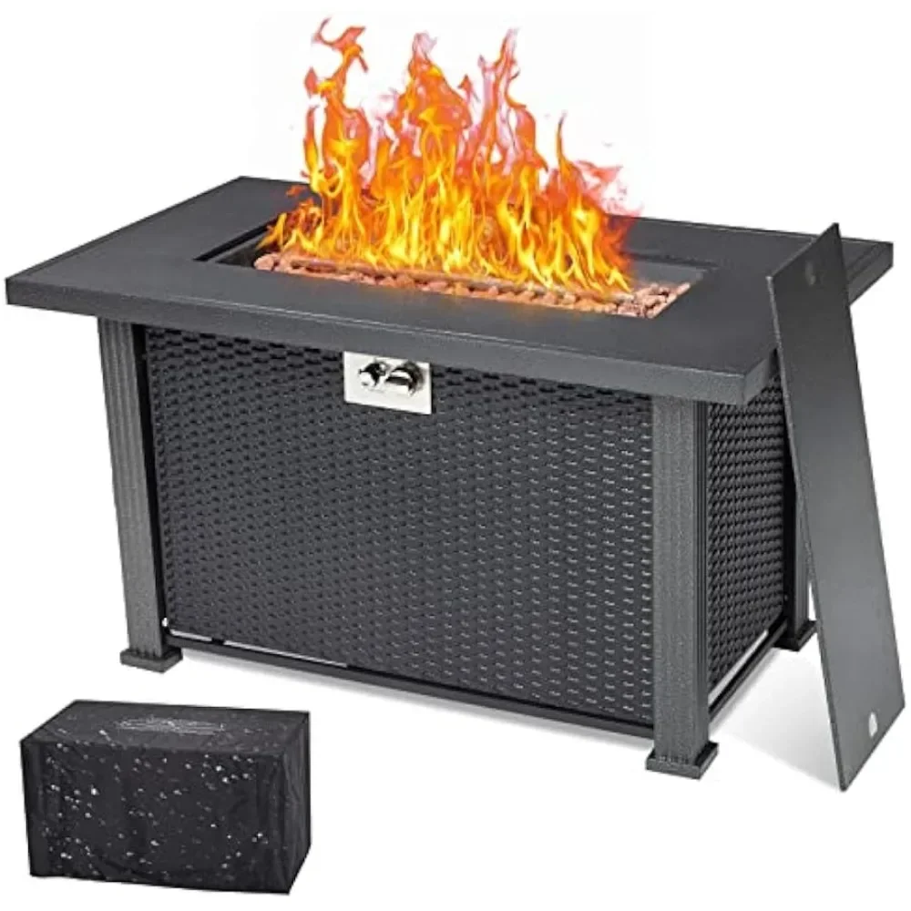 

43 Inch Propane Fire Pit Table, 50000BTU Rectangle Fire Table with Cover & Rain Cover, Sturdy Steel and Iron Fence Surface