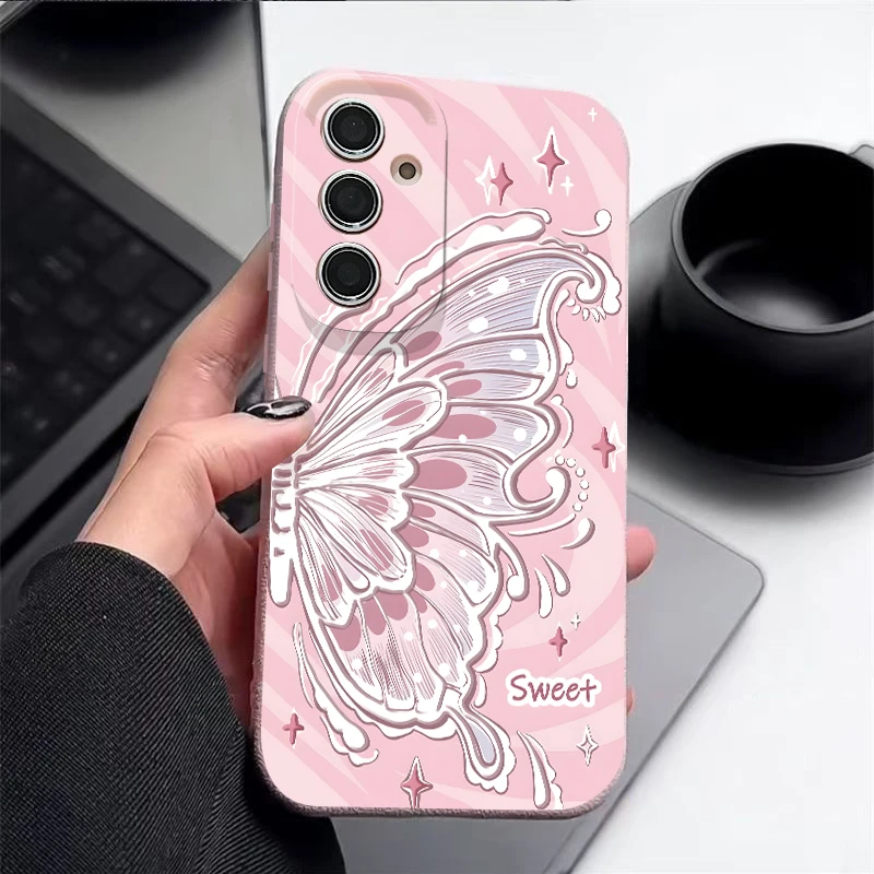 Pink Butterfly Pattern Phone Case For Samsung Galaxy S25 Edge S26 S24 S23 S22 Ultra Plus S25 FE Leather Texture TPU Soft Cover
