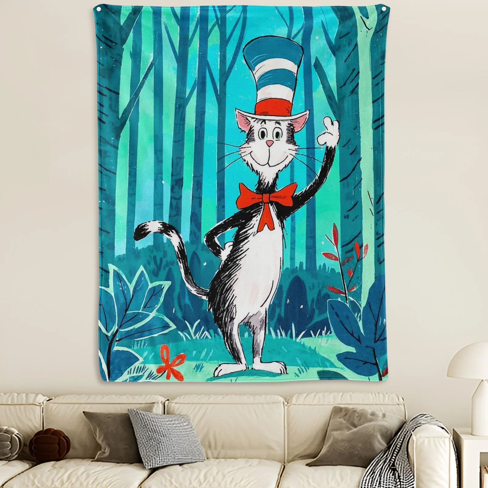 

Stylish Cat In Hat Tapestry Blanket Featuring Greenery Blue Accents And Bow Tie For Elegant And Playful Home Decor Statement