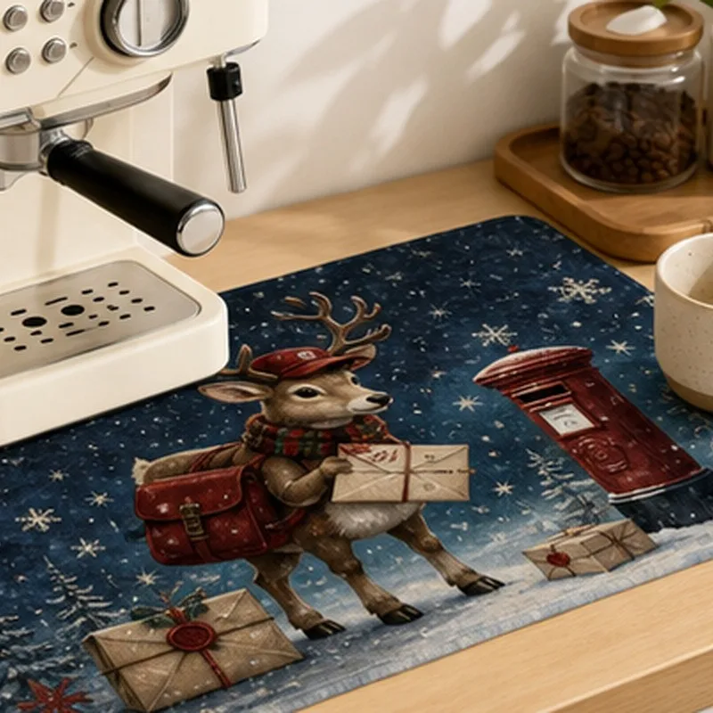 VIKAMA Diatomite Drying Mat, Super Absorbent Quick Dry Non-Slip Eco-Friendly Coffee Machine Mat Winter Village Reindeer