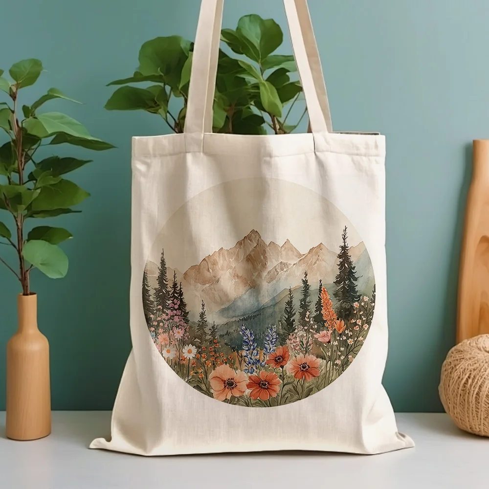 A Mountain view pattern print canvas tote bag, suitable for daily use, shopping, school, and travel