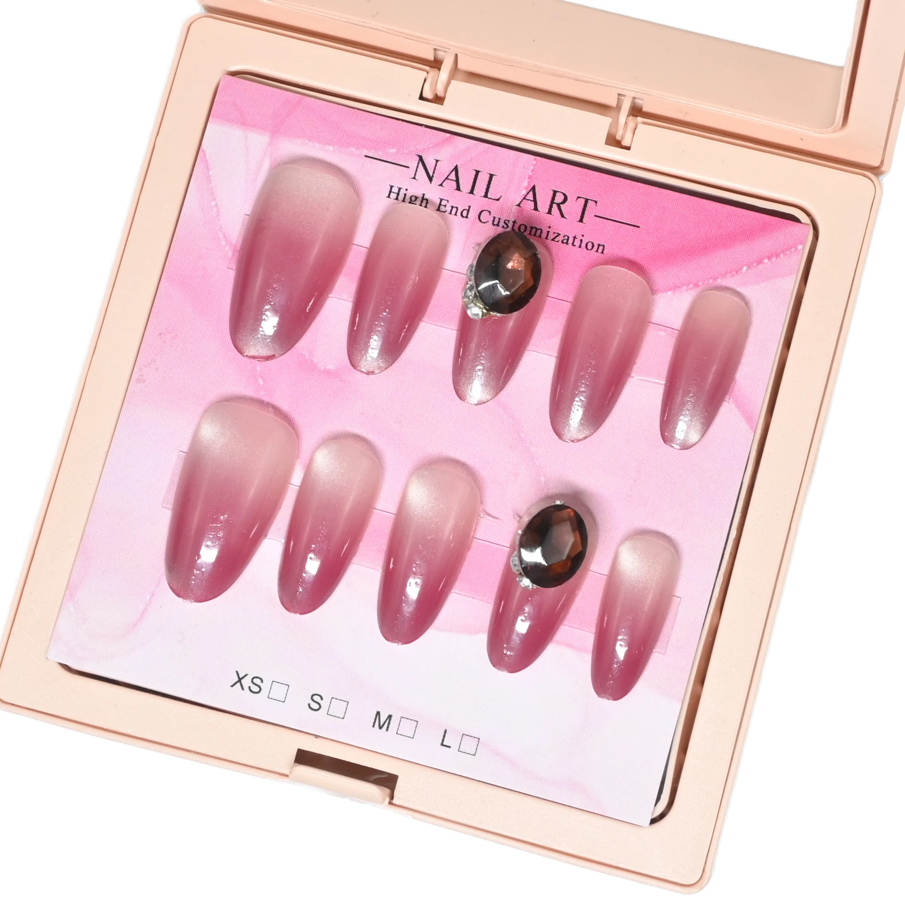 

New arrival, 10-piece handmade medium almond press-on nails with exquisite packaging. Decorated with large dark brown rhinestone