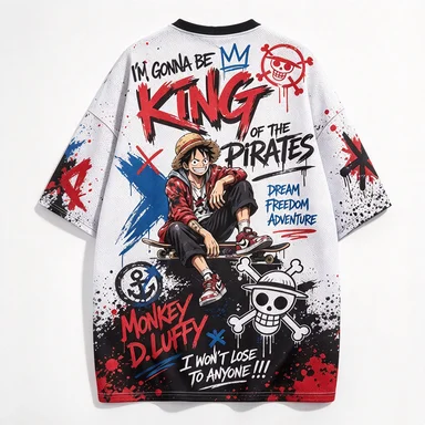 One Piece Road Flying Red Blue Splashing Ink Street Graffiti Mesh Jersey Crown Straw Hat Pirate Skull Casual Wear Trendy Top