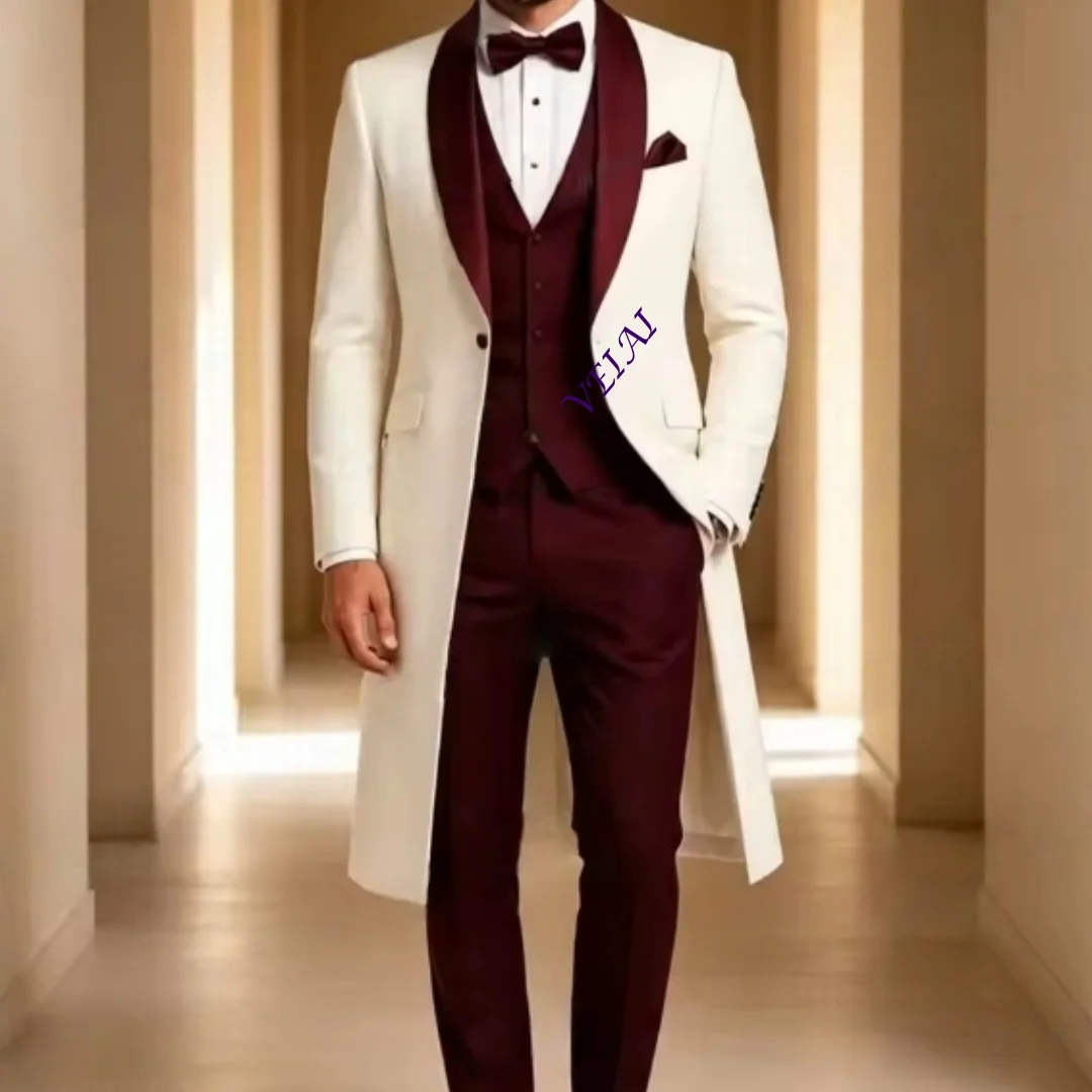 Customized White And Burgundy Long Blazer Formal Men Suit Wedding Party Groom Prom Business Male Tuxedos 3 Piece Set Jacket Vest