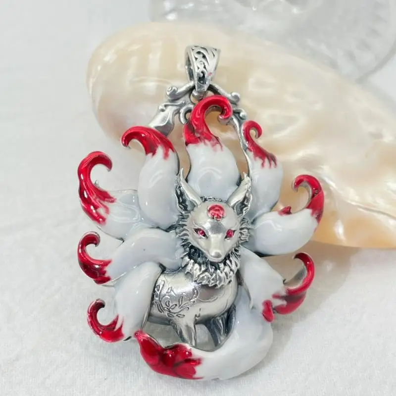Chinese Elements Multicolored Enamel Water Red Nine Tailed Fox Pendant Necklace Womens High End Banquet Jewelry