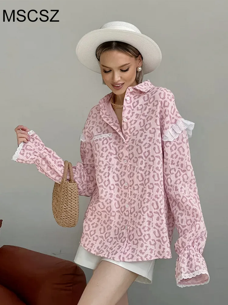 MSCSZ Pink Leopard Shirt For Women Lace Trim Ruffle Long Sleeve 100% Cotton Shirt Vintage Casual Loose Blouses