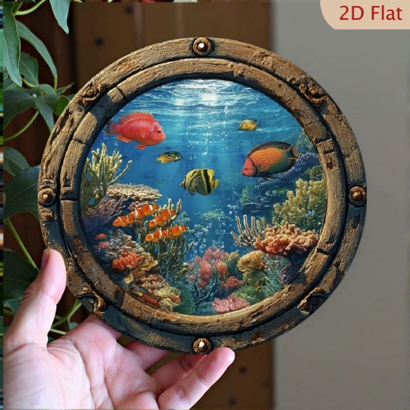 2D Flat Design, 1pc, Round Sign, Underwater Porthole Wall Art Sticker, Suitable for Gardens, Countryside, Cottages, Homes, Livin