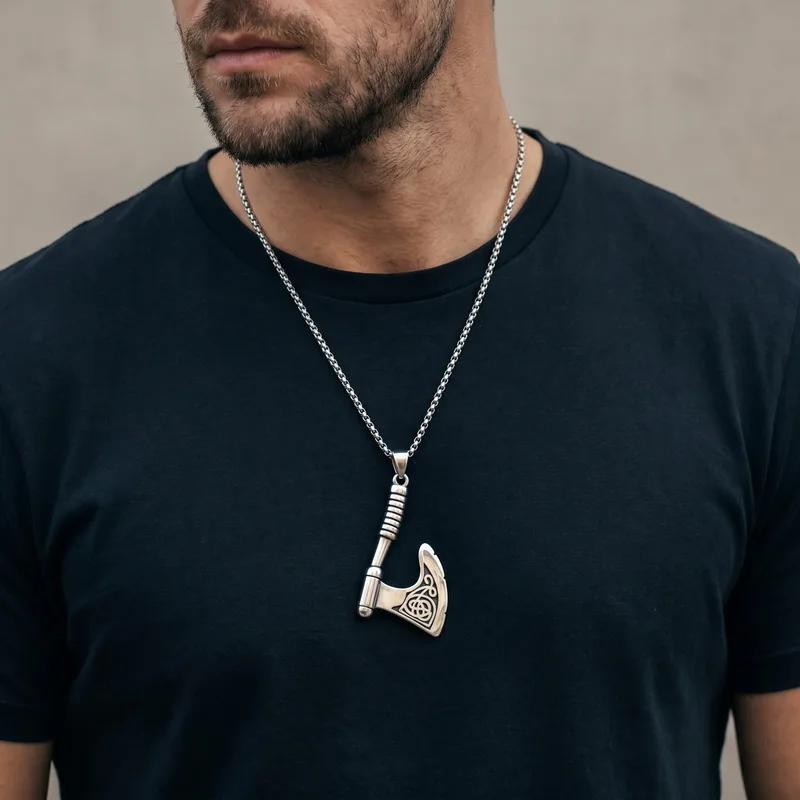 Kalen Gothic Stainless Steel Skull Sword Cleaver Pendant Necklace for Men Viking Celtic Axe Hatchet Punk Biker Jewelry Gifts