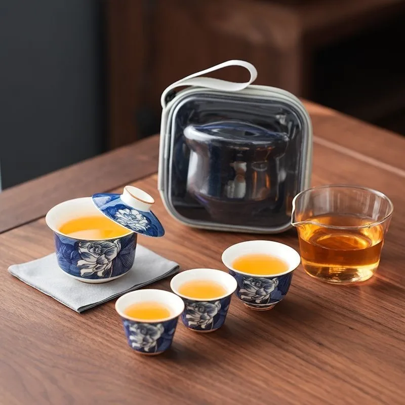 Portable Ceramic Travel Tea Set with Lotus Gaiwan & Two Cups, Lightweight Outdoor Camping Tea Cup Set in Carry Bag