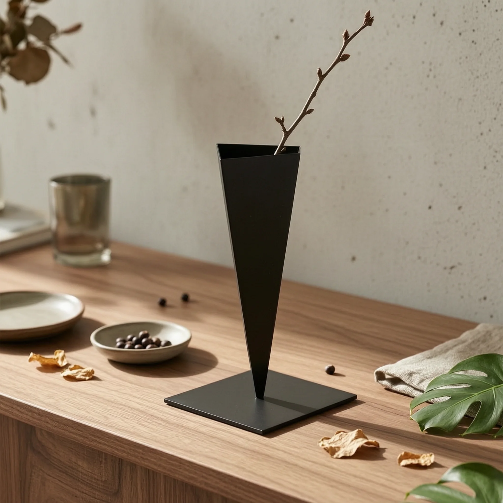 Iron Vase with Square Base Tall Triangular Vase Flower Holder Sculptural Vessel Contemporary for Minimalists, Living Room