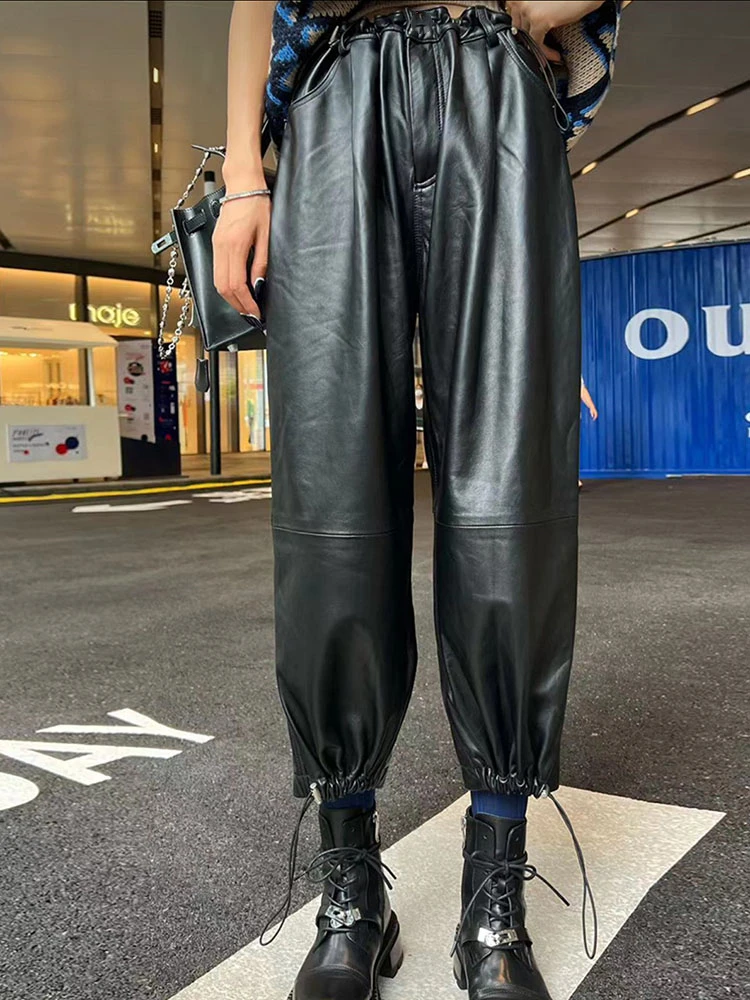 

Genuine Leather Pants For Women Loose Large Size Harem Pants Drawstring Wide Leg Sheep Leather Ankle Length Pants Female Y3096