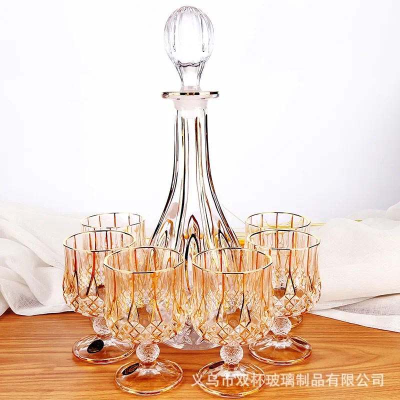 7 Piece European Style Gold Rim Whiskey Glass Set Creative Household Red Wine Bottle Decorative Drinking Cups for Bar Party